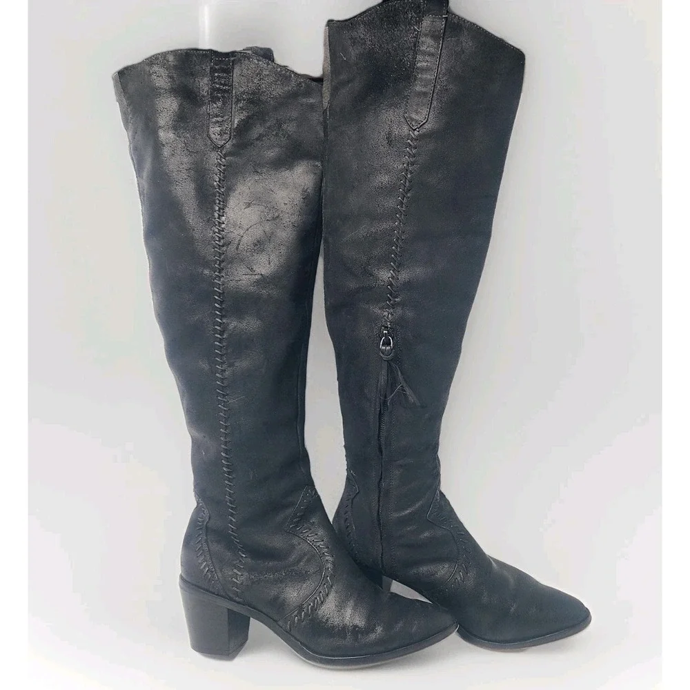 Rebecca Minkoff Over‎ The Knee Boots Whipstitch 9M Black Leather Textured